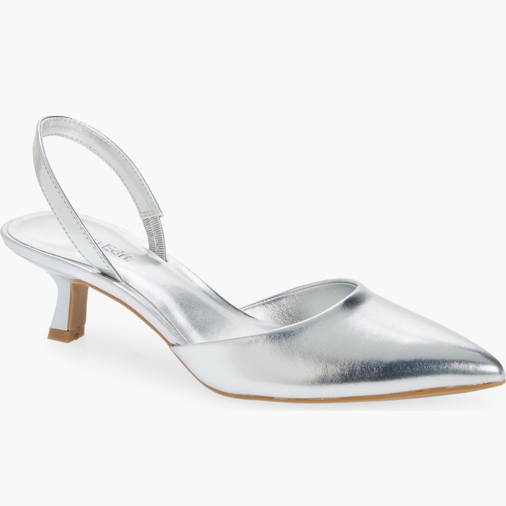 New.! Cammie Kitten Heel Chic Silver Slingback Heels Pointed Toe Sz 7M